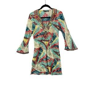 ETC. Y2K Boho Sheer Rhinestone Flare Sleeve Dress Women Size Medium Festival